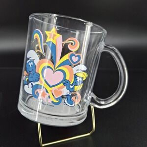 Smurfs Glass Mug 16oz with Colorful Heart & Star Design, Blue Pink Yellow, 2025